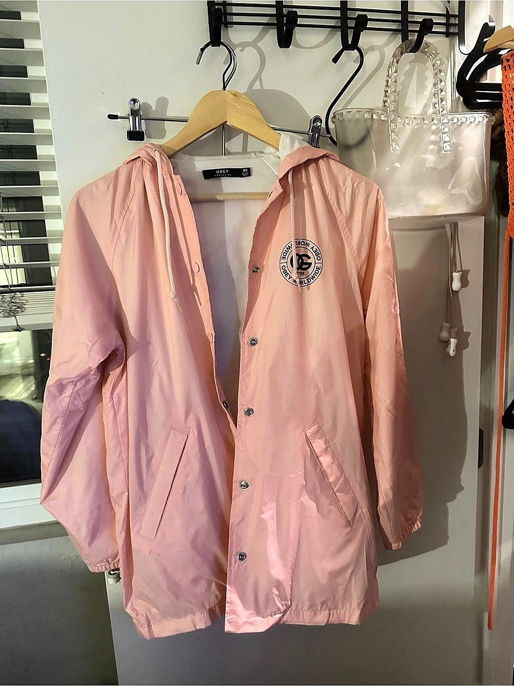 Obey Worldwide Hooded Coach Jacket Pink Hooded Jacket XS